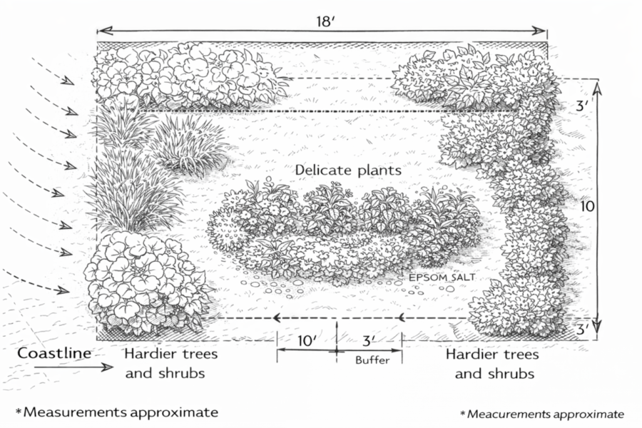 Coastal garden layout showing windbreak trees, buffer zones, and protection from salt spray