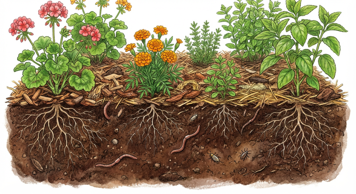 Soil mulching and root protection to protect coastal gardens from wind and salt spray